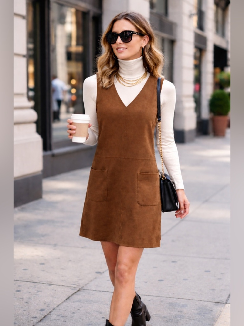 MAX STUDIO Women's Brown Tan Faux-Suede V-Neck Sleeveless Stretch Mini Dress L